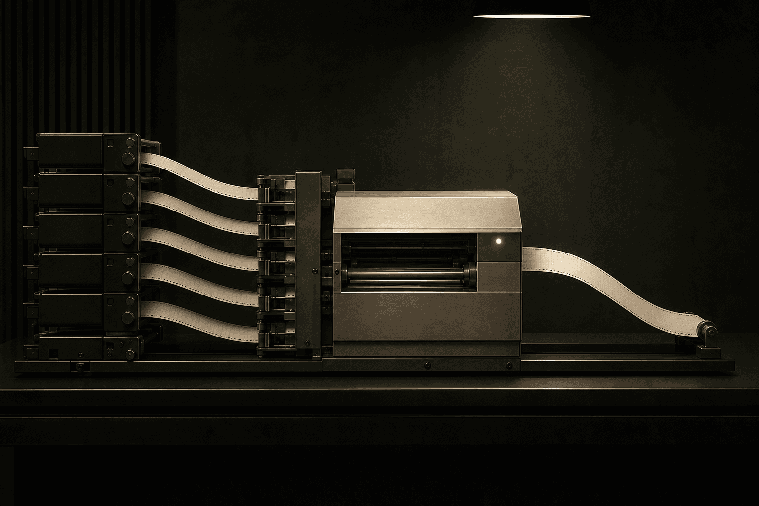 An abstract machine merging many ledger streams into one output, representing the reconciliation stack.